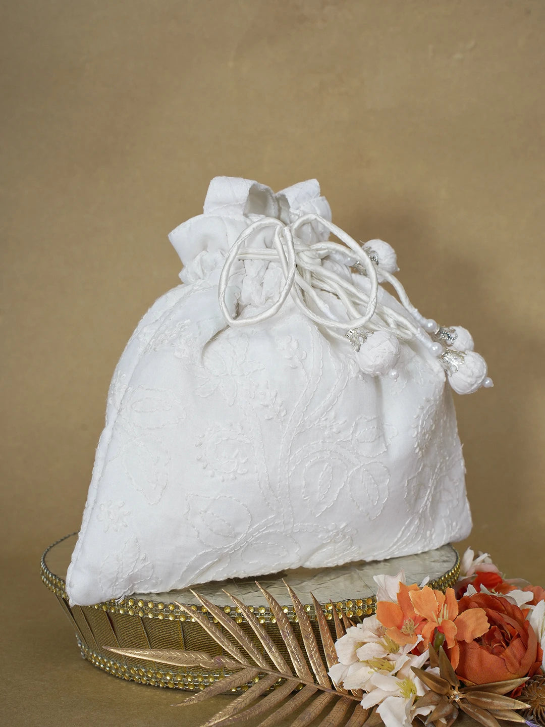 Ada Hand Embroidered White Cotton Lucknowi Chikankari Potli Bag 01A610070