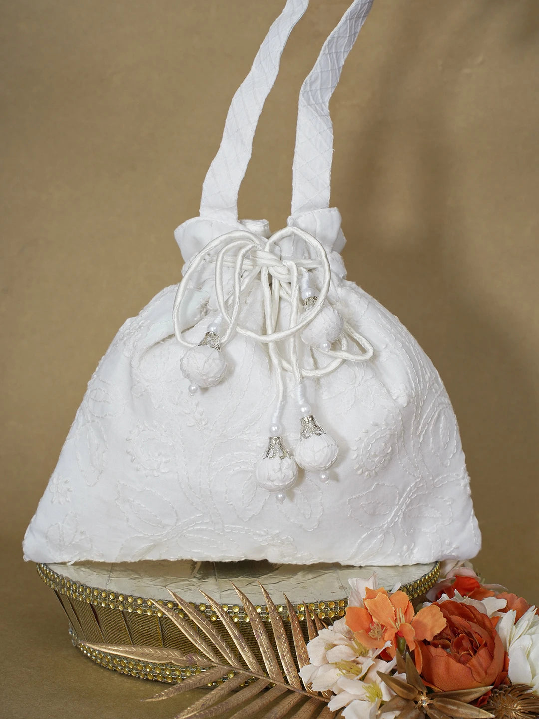 Ada Hand Embroidered White Cotton Lucknowi Chikankari Potli Bag 01A610070