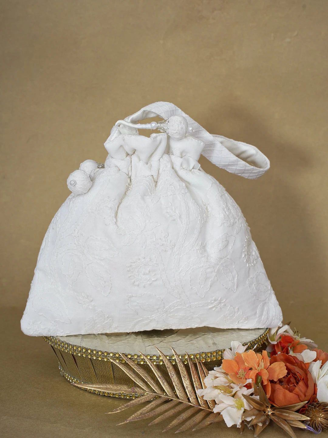 Ada Hand Embroidered White Cotton Lucknowi Chikankari Potli Bag 01A610070