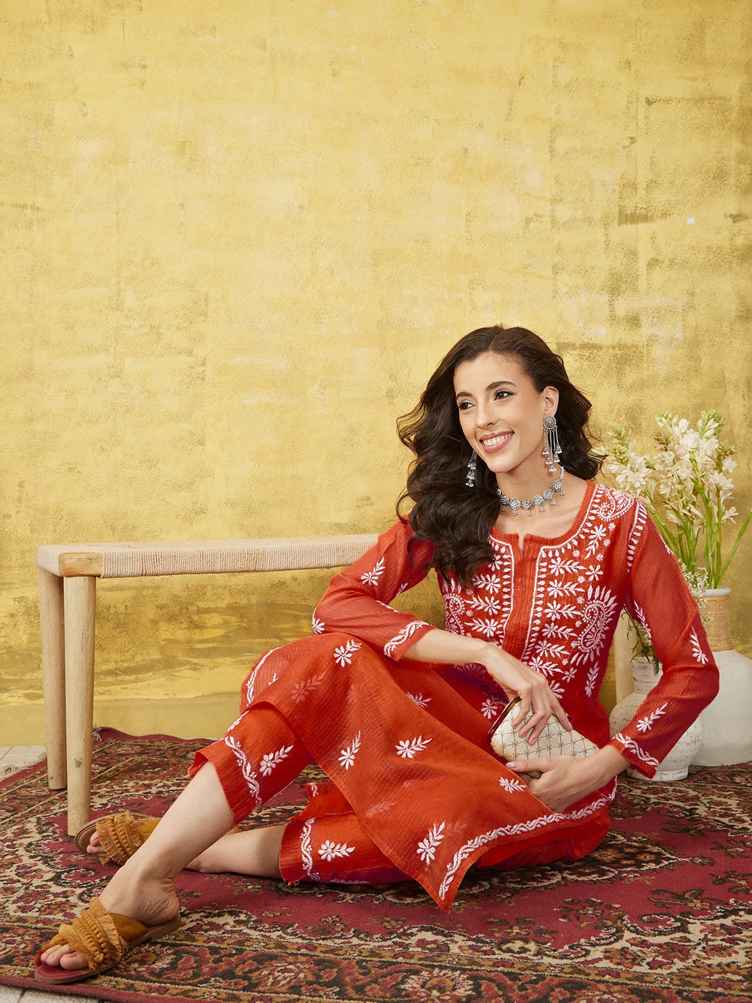 Ada Hand Embroidered Red Kota Lucknowi Chikankari Co-ord Set With Slip 01A583263