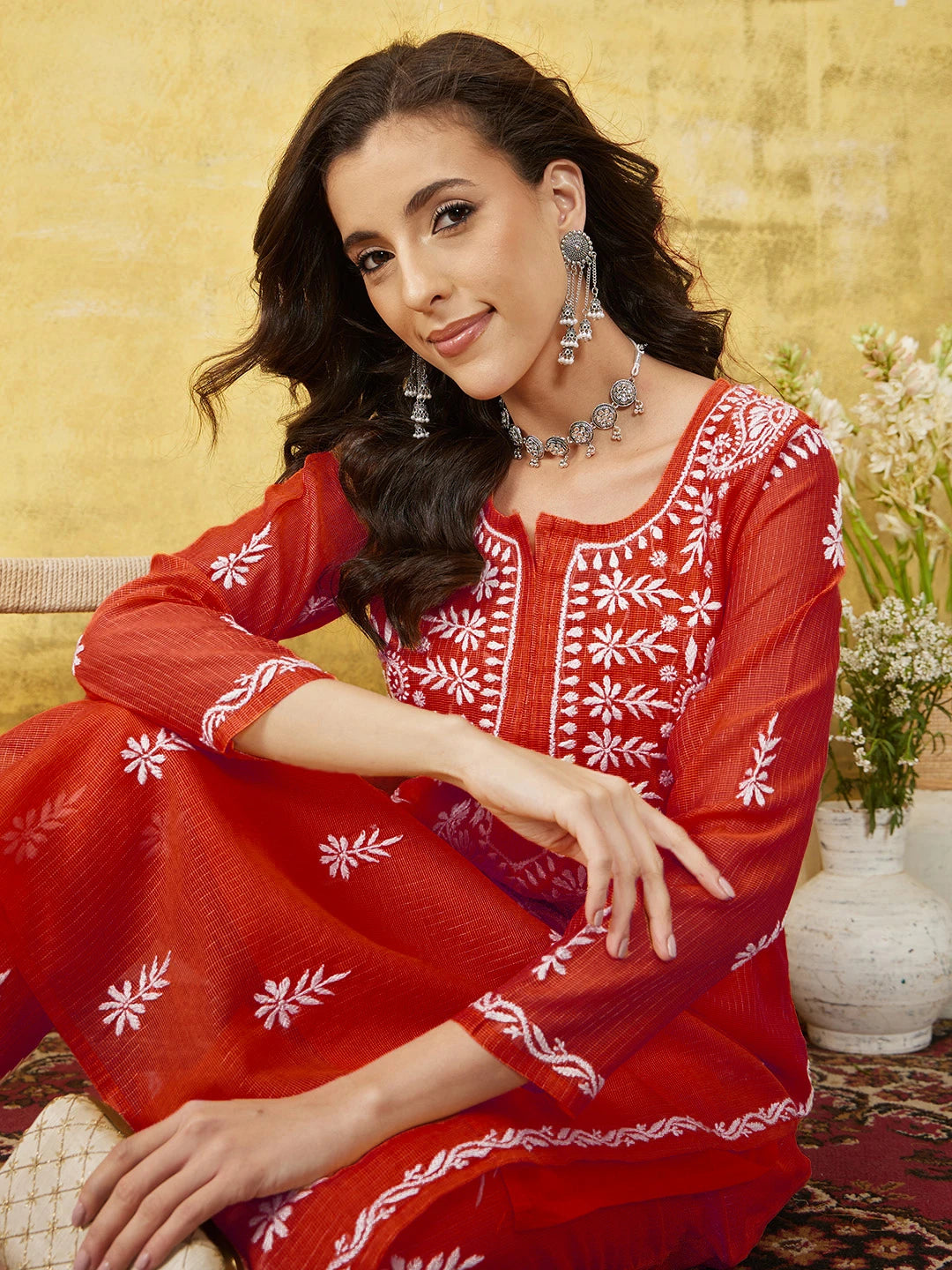 Ada Hand Embroidered Red Kota Lucknowi Chikankari Co-ord Set With Slip 01A583263