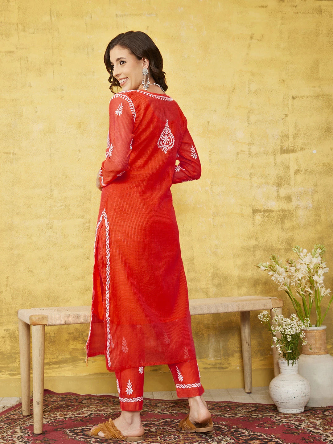 Ada Hand Embroidered Red Kota Lucknowi Chikankari Co-ord Set With Slip 01A583263