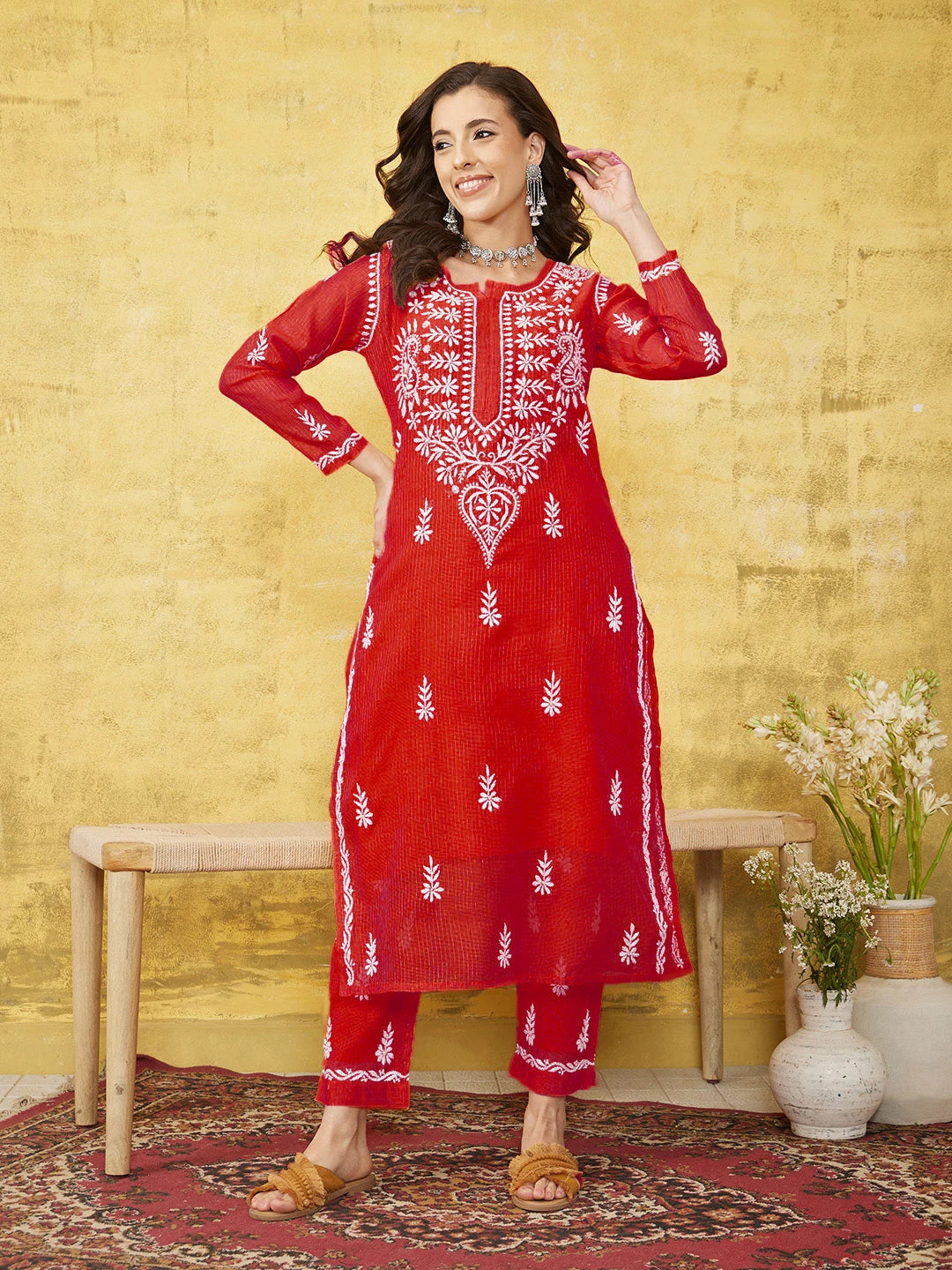 Ada Hand Embroidered Red Kota Lucknowi Chikankari Co-ord Set With Slip 01A583263