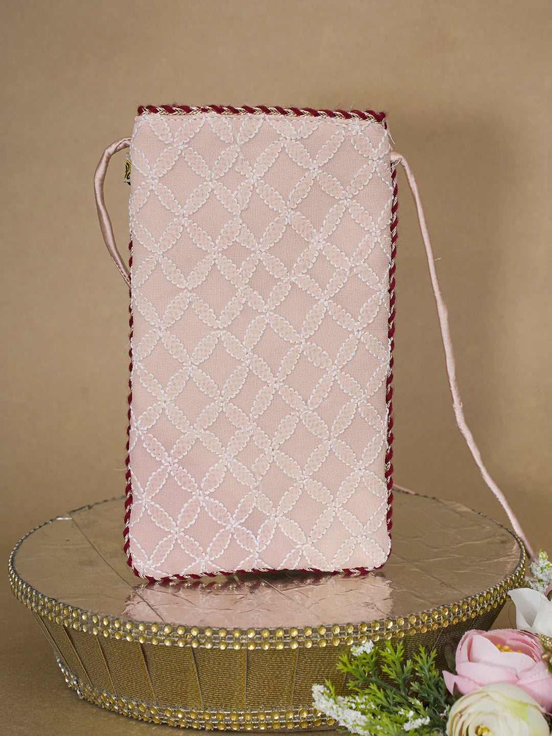Ada Hand Embroidered Peach Pure Georgette Lucknowi Chikankari Mobile Cover 01A610088