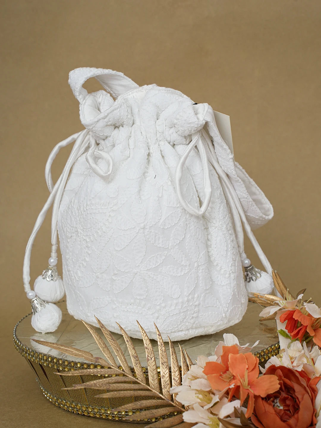 Ada Hand Embroidered White Cotton Lucknowi Chikankari Potli Bag 01A603317
