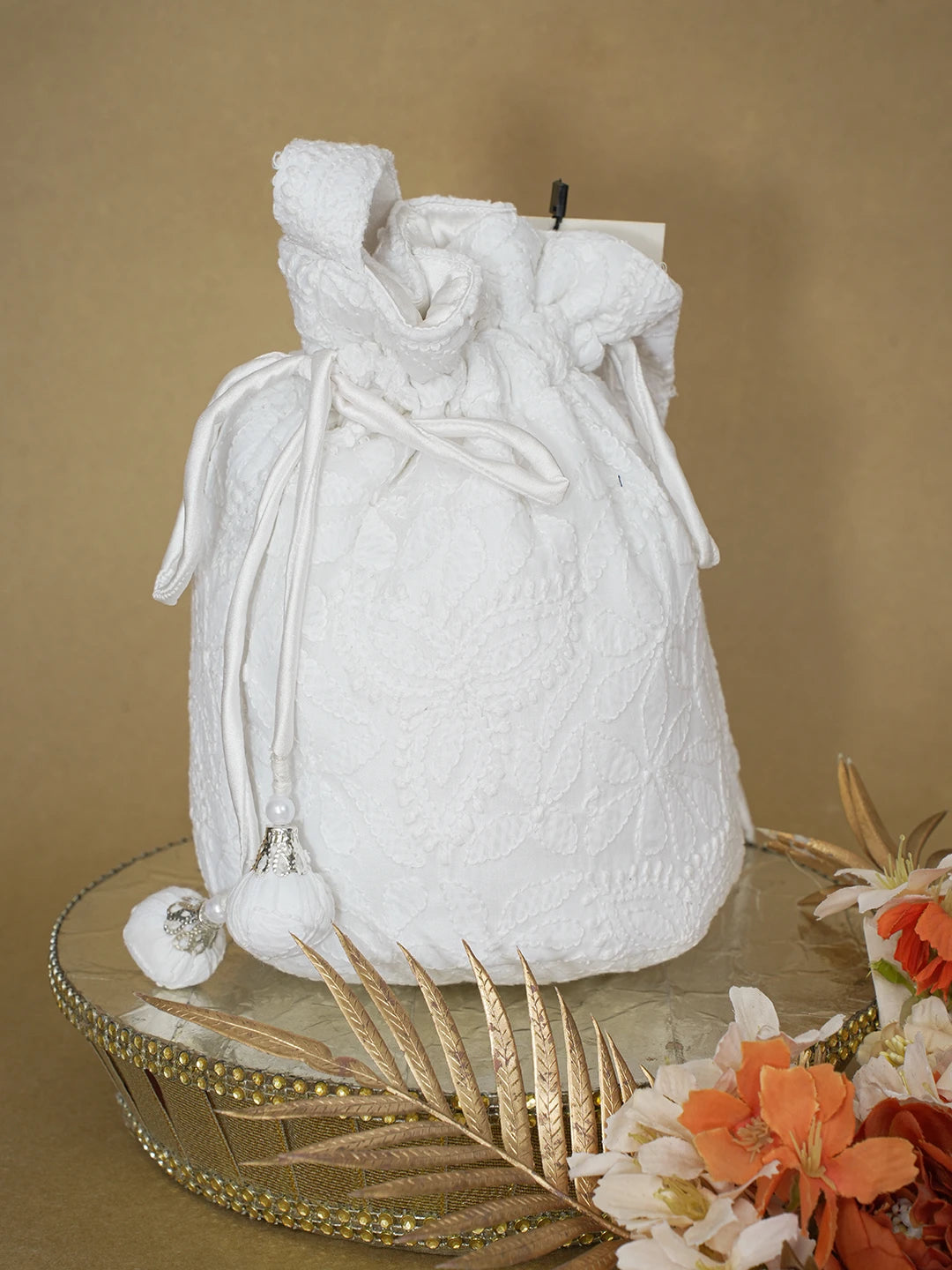 Ada Hand Embroidered White Cotton Lucknowi Chikankari Potli Bag 01A603317