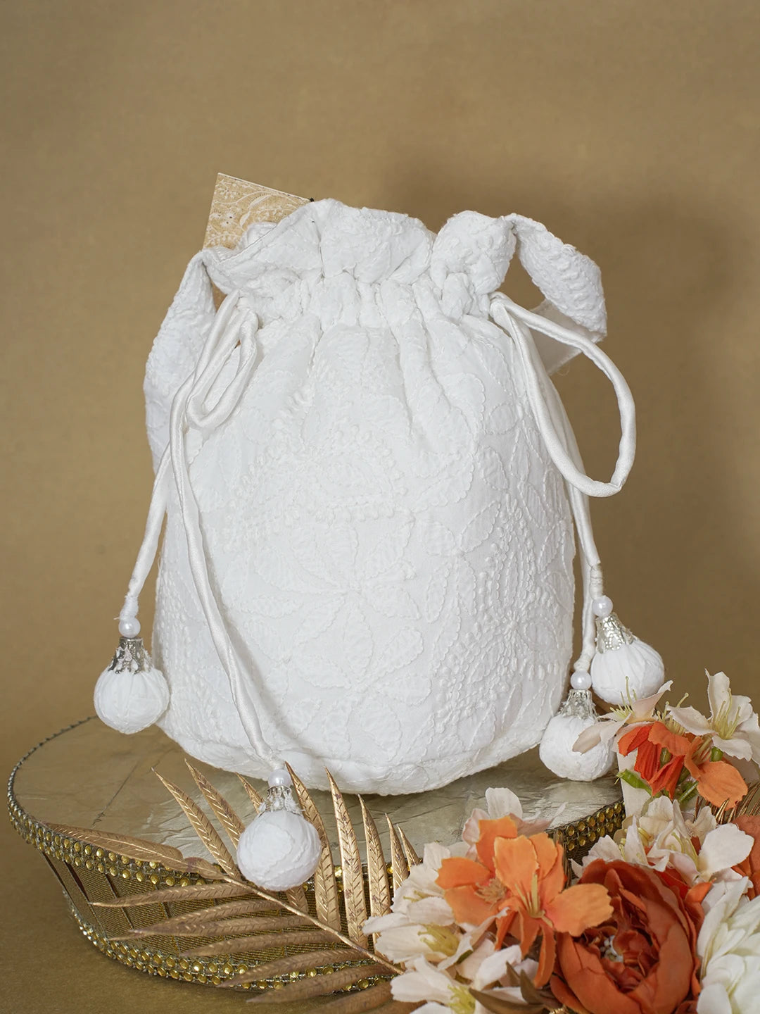 Ada Hand Embroidered White Cotton Lucknowi Chikankari Potli Bag 01A603317