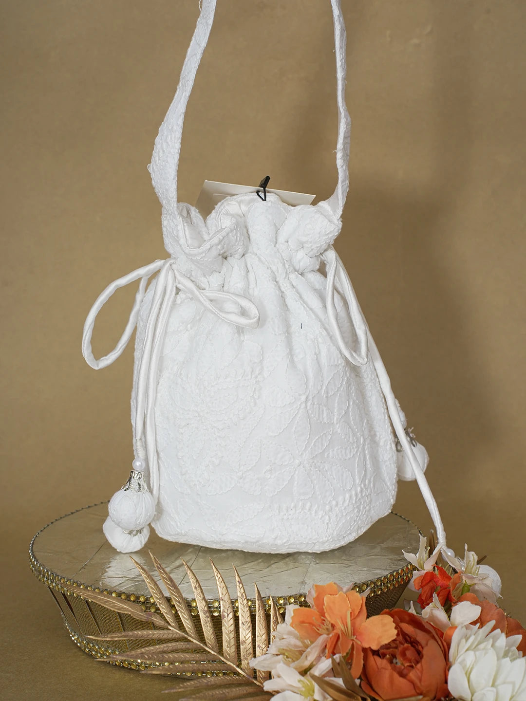 Ada Hand Embroidered White Cotton Lucknowi Chikankari Potli Bag 01A603317