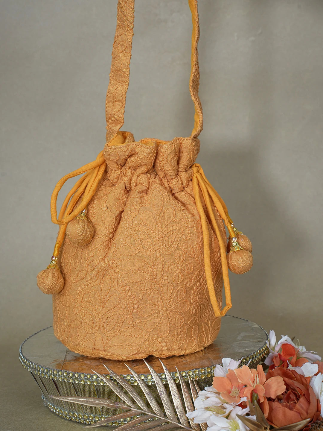 Ada Hand Embroidered Spanish Orange Chanderi Lucknowi Chikankari Potli Bag 01A610067