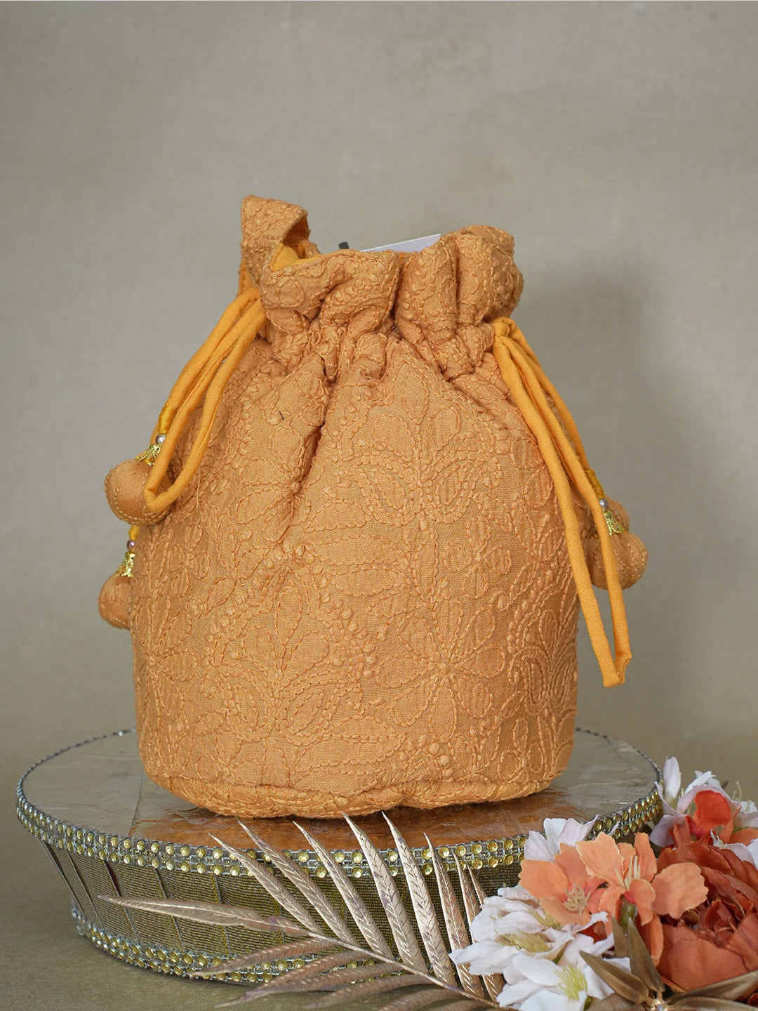 Ada Hand Embroidered Spanish Orange Chanderi Lucknowi Chikankari Potli Bag 01A610067