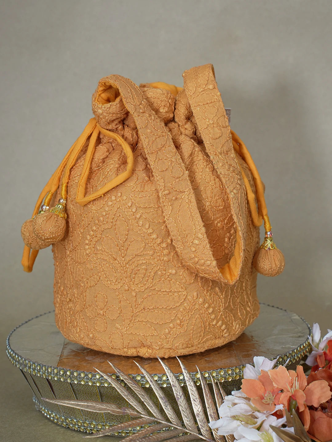 Ada Hand Embroidered Spanish Orange Chanderi Lucknowi Chikankari Potli Bag 01A610067
