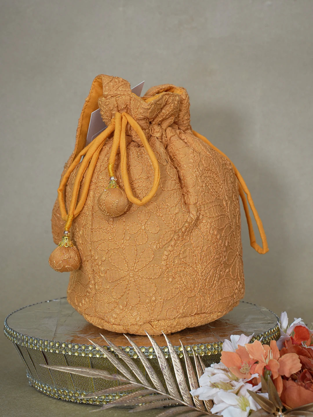 Ada Hand Embroidered Spanish Orange Chanderi Lucknowi Chikankari Potli Bag 01A610067