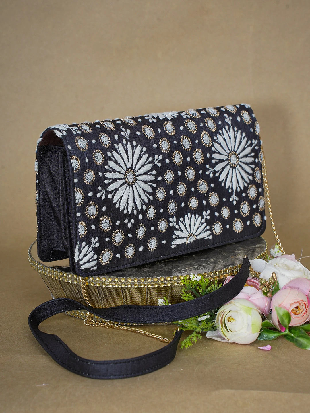 Ada Hand Embroidered Black Silk Lucknowi Chikankari Clutch With Zari Work 01A583884
