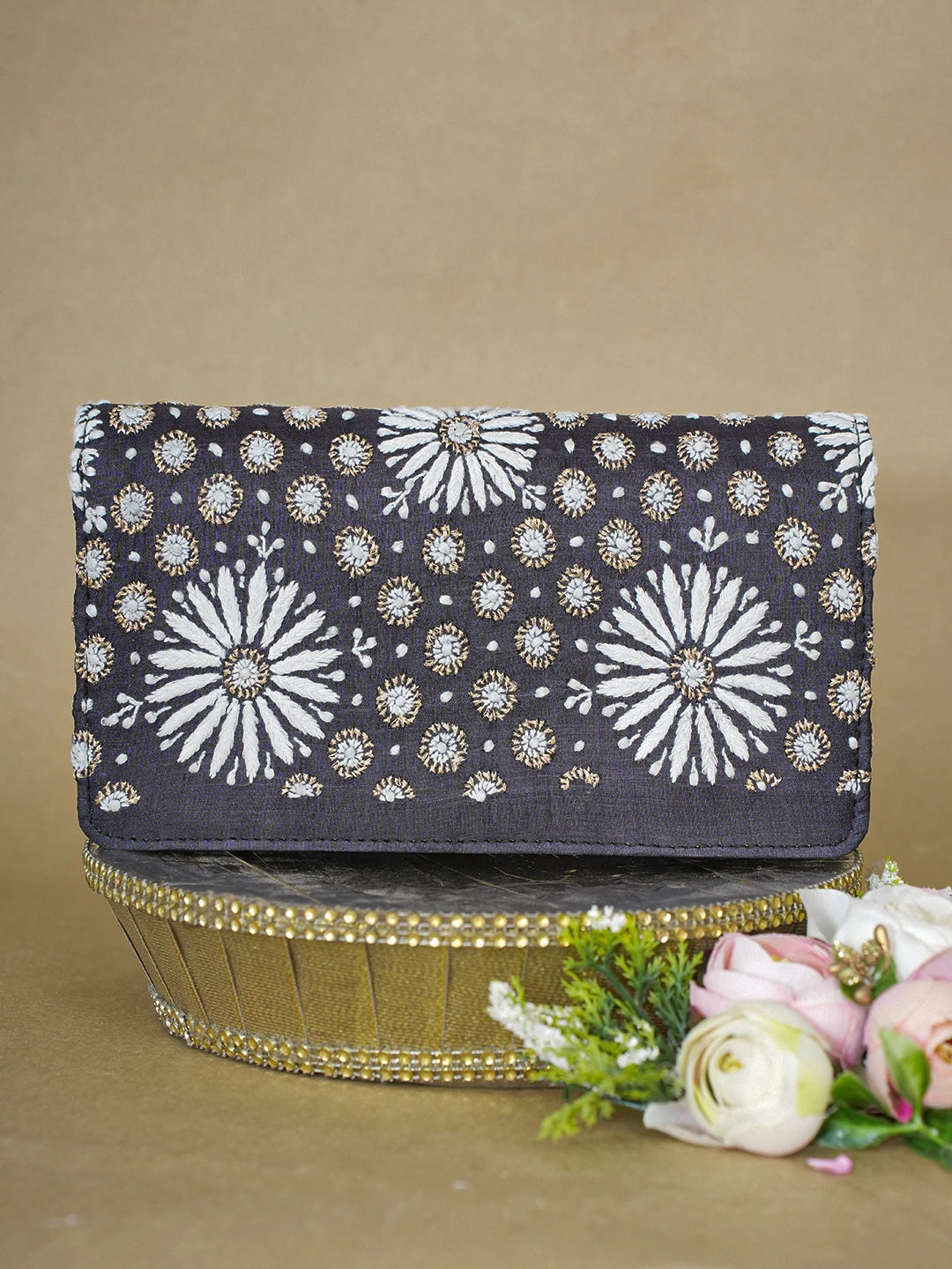Ada Hand Embroidered Black Silk Lucknowi Chikankari Clutch With Zari Work 01A583884