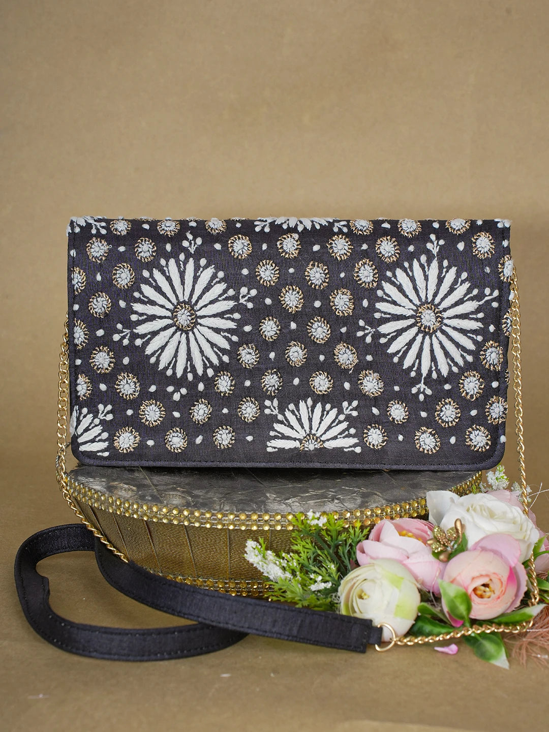 Ada Hand Embroidered Black Silk Lucknowi Chikankari Clutch With Zari Work 01A583884