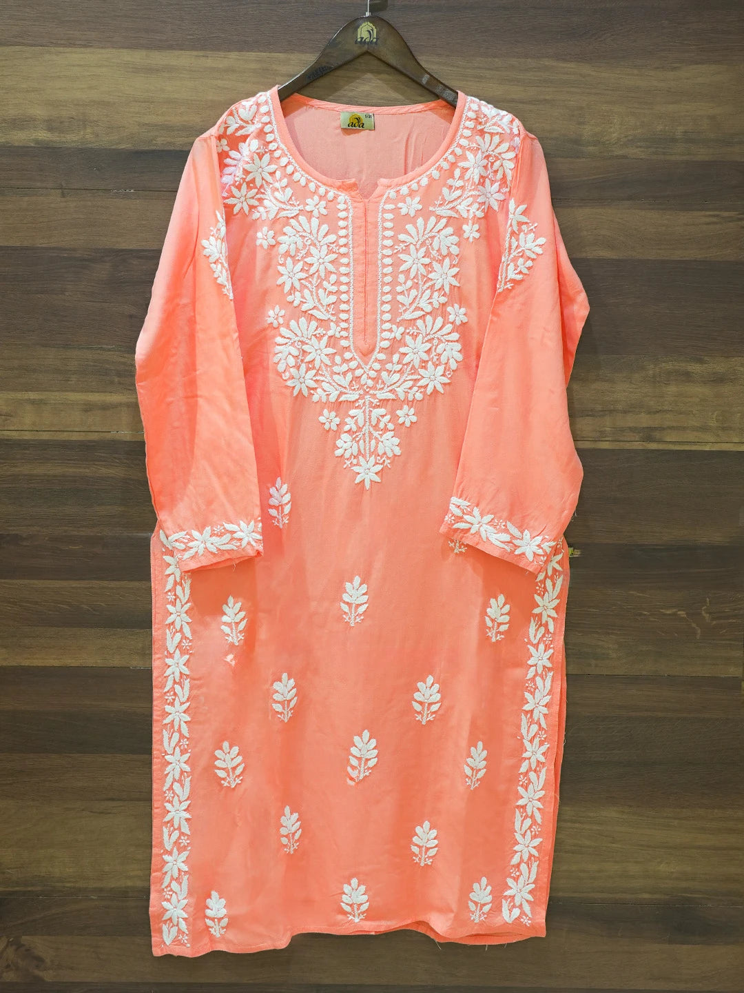 Ada Hand Embroidered Peach Rayon Lucknowi Chikankari Straight Kurta A411666