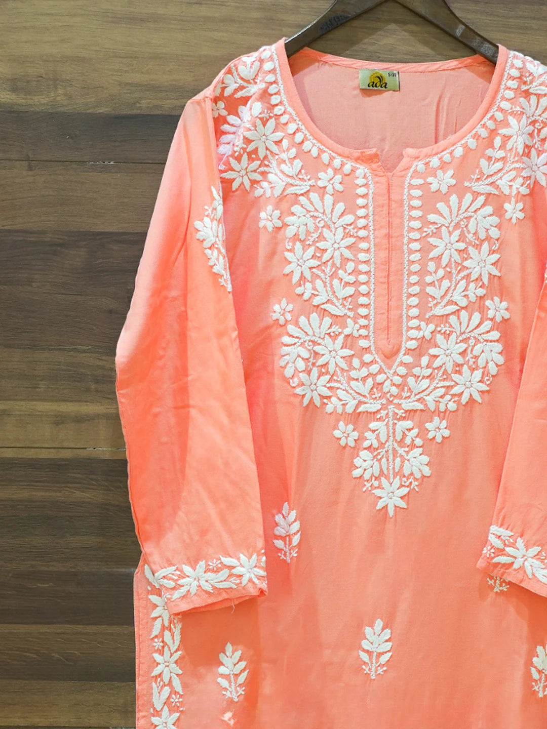 Ada Hand Embroidered Peach Rayon Lucknowi Chikankari Straight Kurta A411666