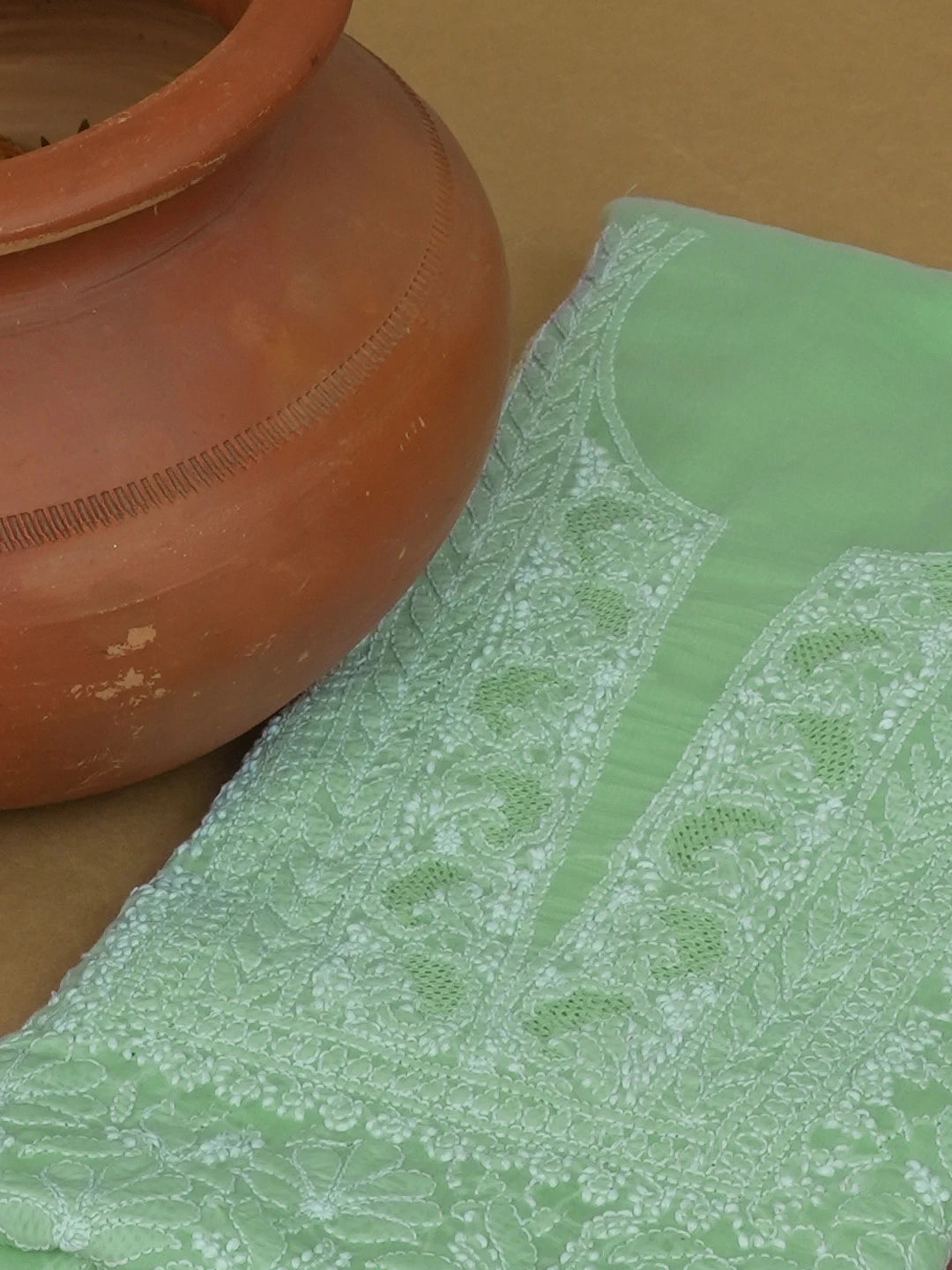 Ada Hand Embroidered Light Green Cotton Lucknowi Chikankari Unstitched Kurta Piece 01A607310