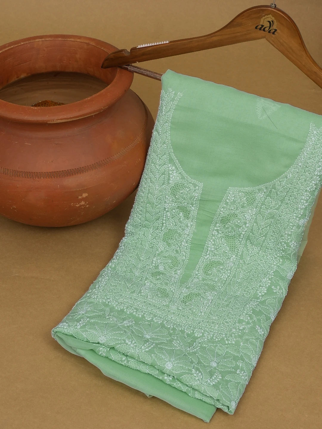 Ada Hand Embroidered Light Green Cotton Lucknowi Chikankari Unstitched Kurta Piece 01A607310