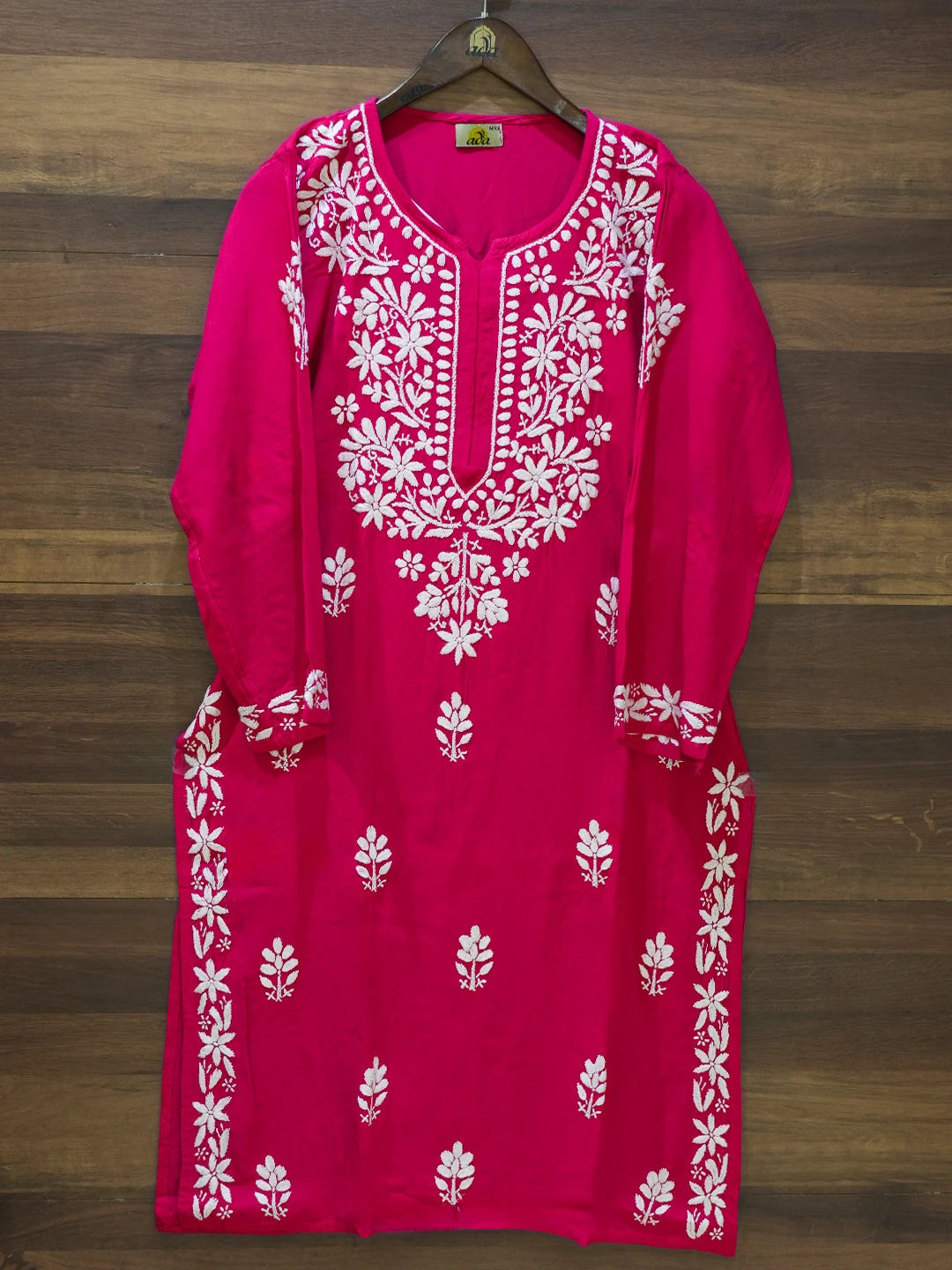 Ada Hand Embroidered Magenta Rayon Lucknowi Chikankari Straight Kurta A411671