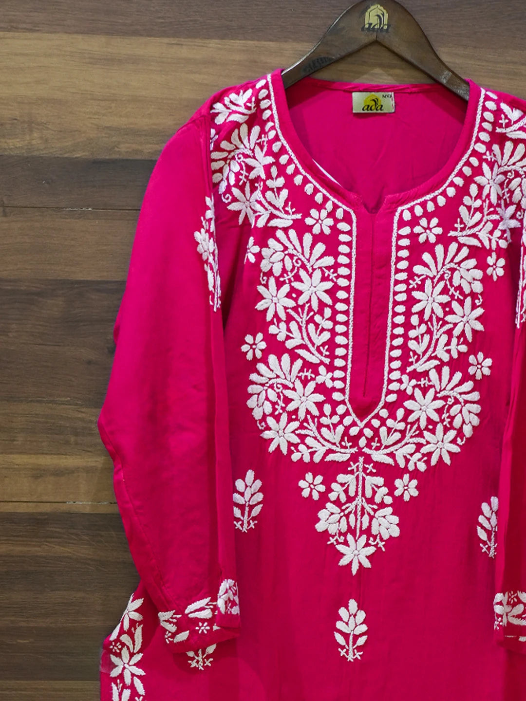 Ada Hand Embroidered Magenta Rayon Lucknowi Chikankari Straight Kurta A411671