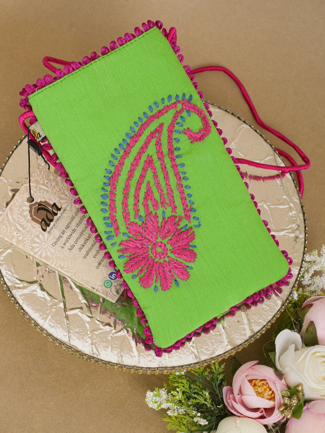 Ada Hand Embroidered Green Cotton Lucknowi Chikankari Mobile Cover 01A610078