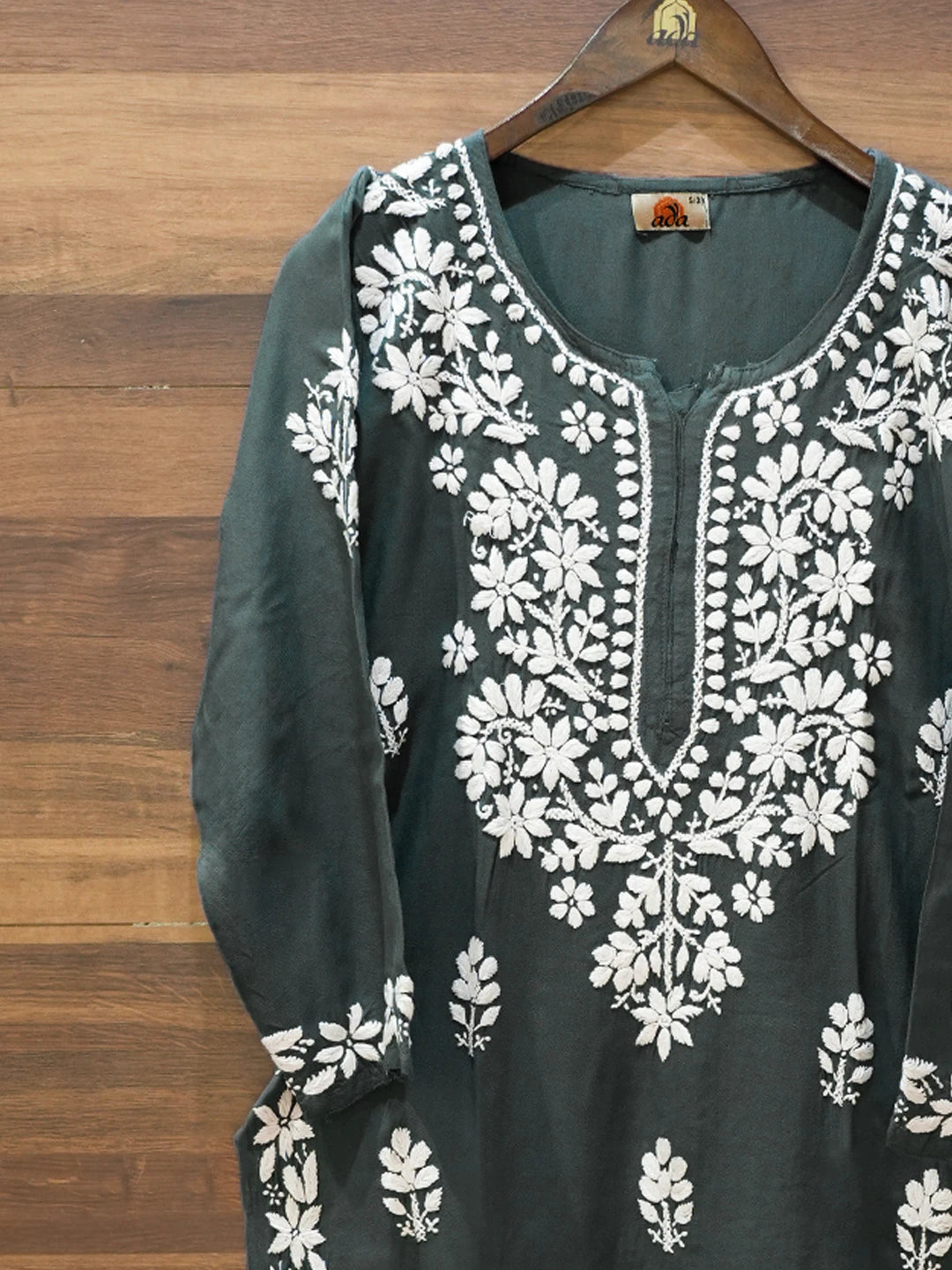Ada Hand Embroidered Grey Rayon Lucknowi Chikankari Straight Kurta A411672