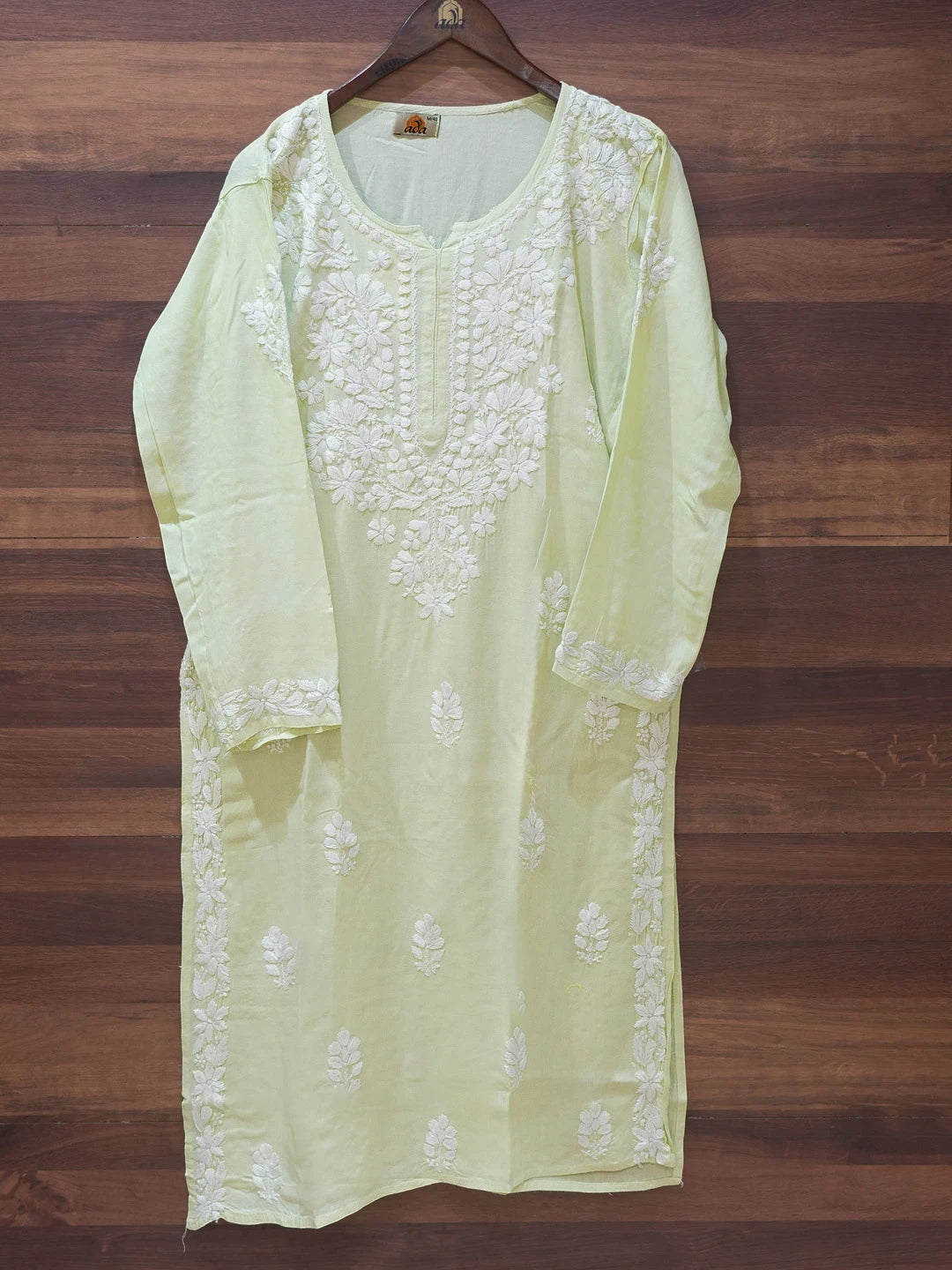 Ada Hand Embroidered Light Green Rayon Lucknowi Chikankari Straight Kurta A411669