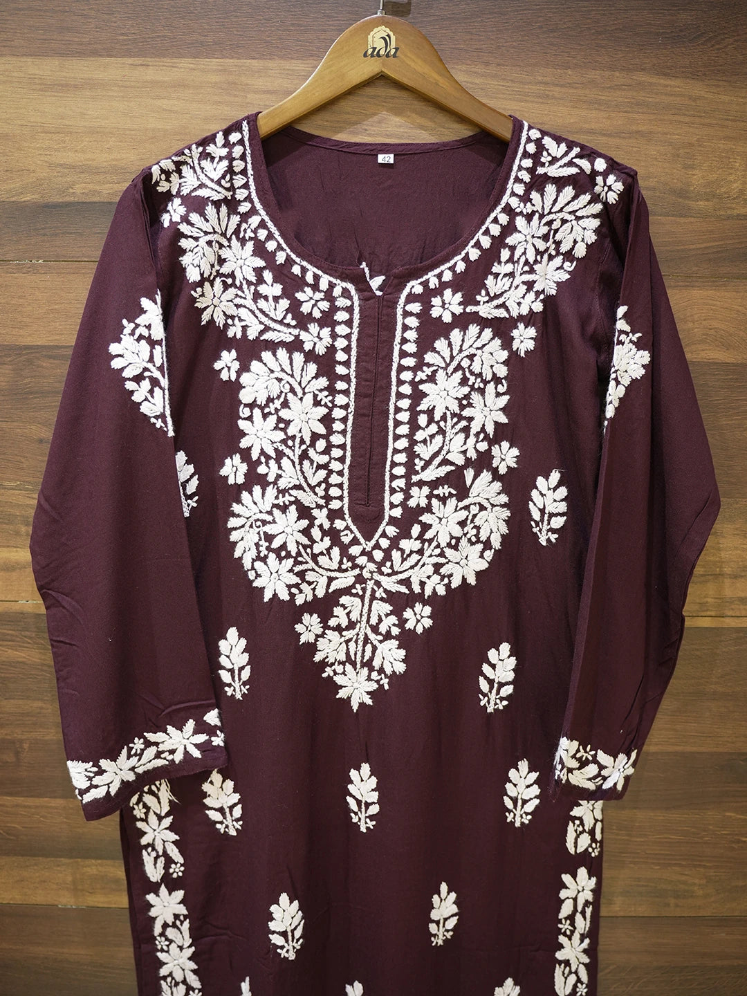 Ada Hand Embroidered Brown Rayon Lucknowi Chikankari Straight Kurta A411673
