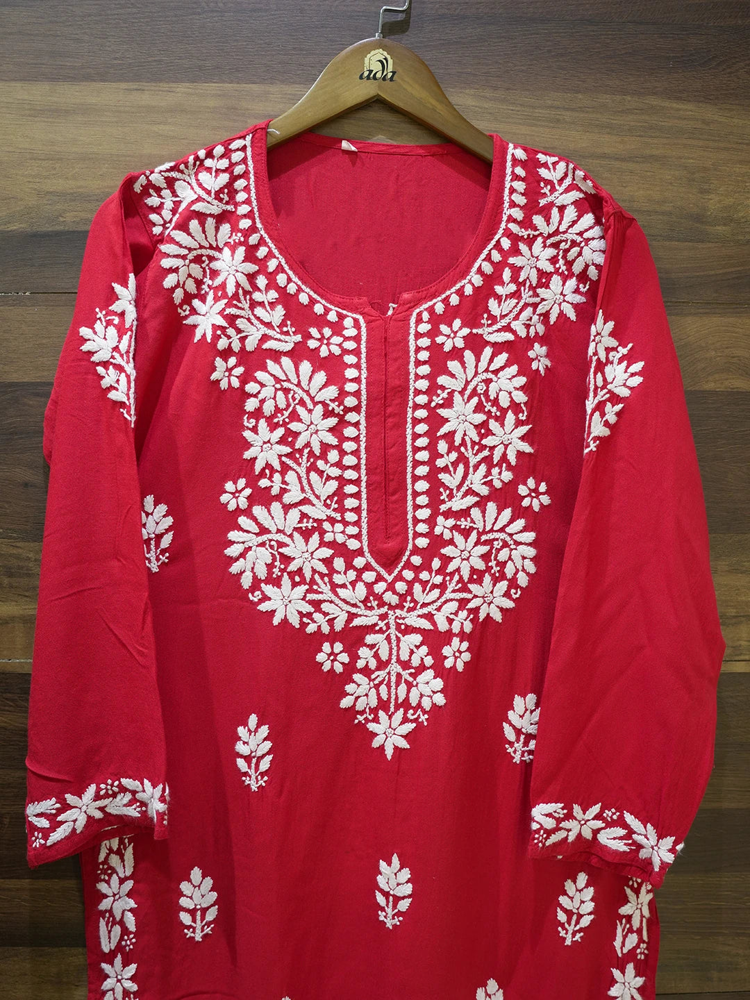 Ada Hand Embroidered Red Rayon Lucknowi Chikankari Straight Kurta A411667