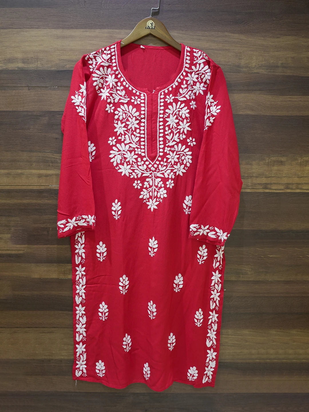Ada Hand Embroidered Red Rayon Lucknowi Chikankari Straight Kurta A411667