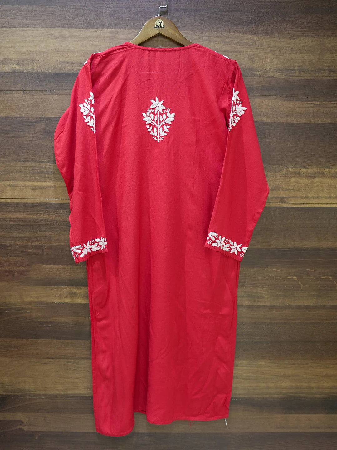 Ada Hand Embroidered Red Rayon Lucknowi Chikankari Straight Kurta A411667