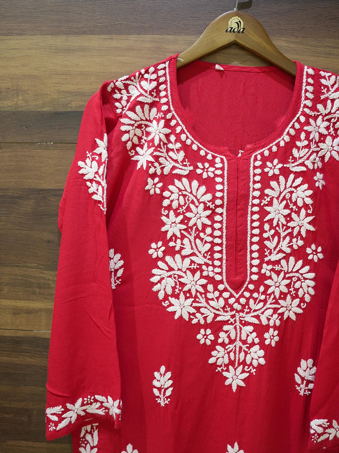 Ada Hand Embroidered Red Rayon Lucknowi Chikankari Straight Kurta A411667