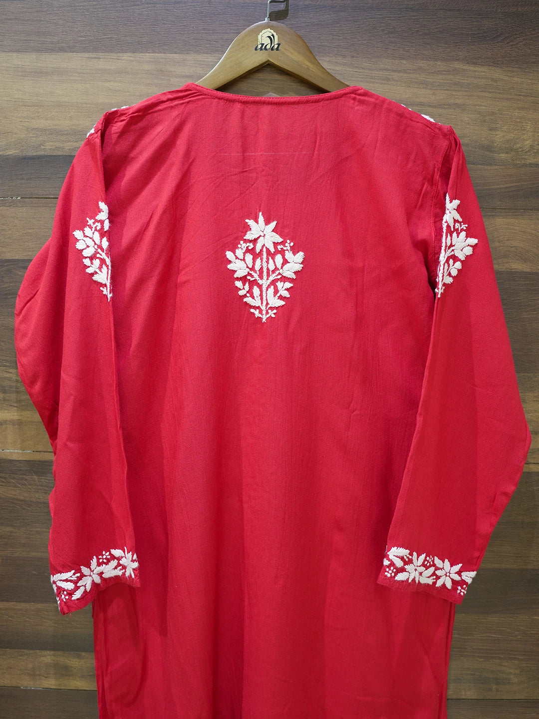 Ada Hand Embroidered Red Rayon Lucknowi Chikankari Straight Kurta A411667