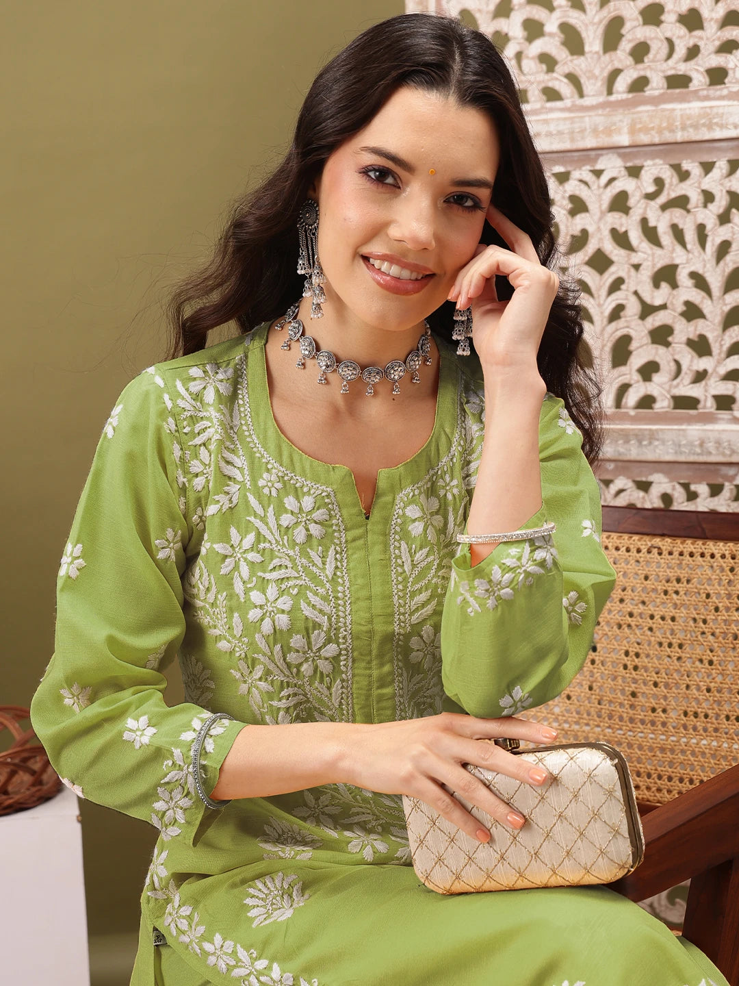 Ada Hand Embroidered Liril Green Cotton Lucknowi Chikankari Co-Ord Set A811273