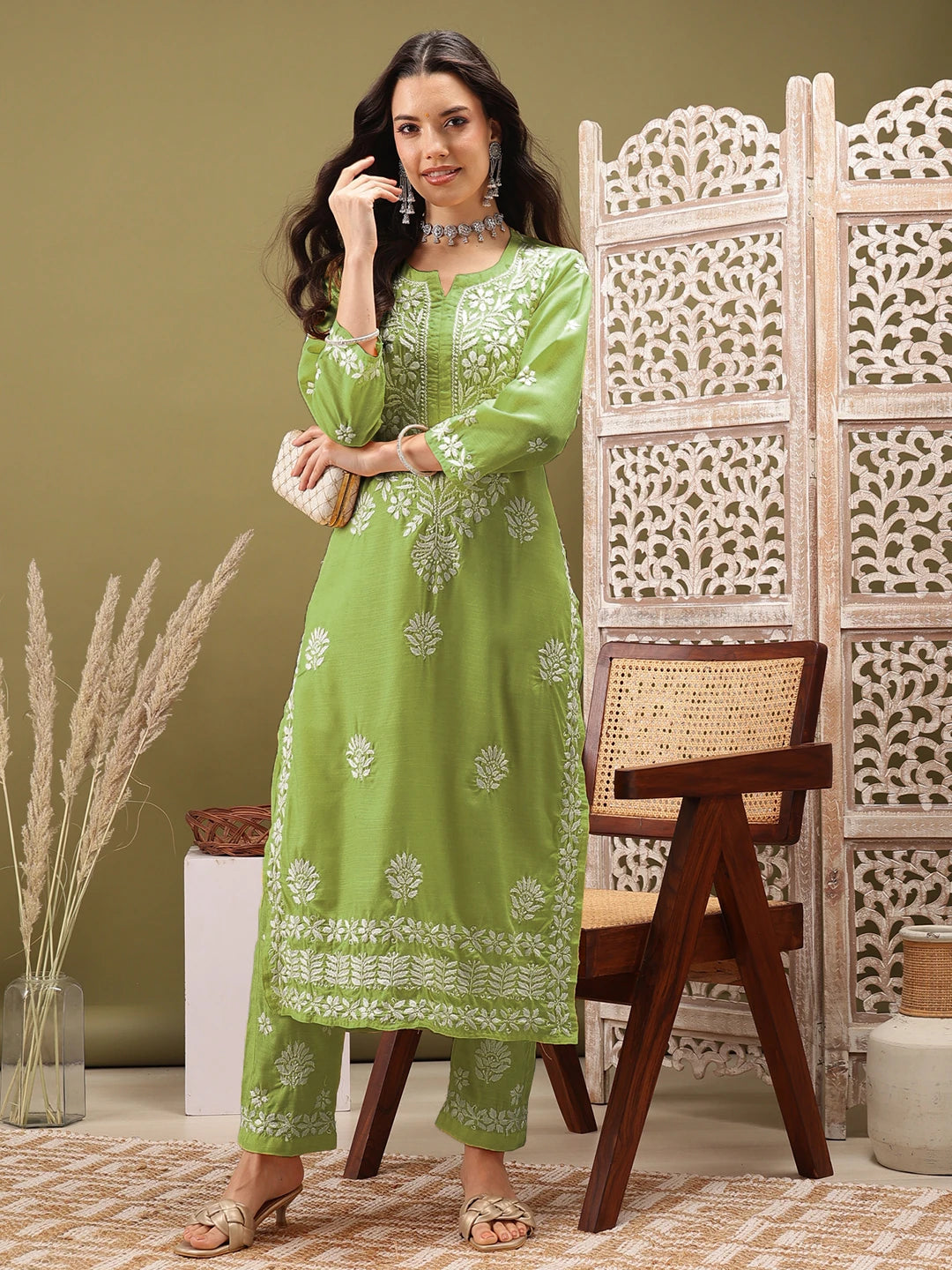 Ada Hand Embroidered Liril Green Cotton Lucknowi Chikankari Co-Ord Set A811273