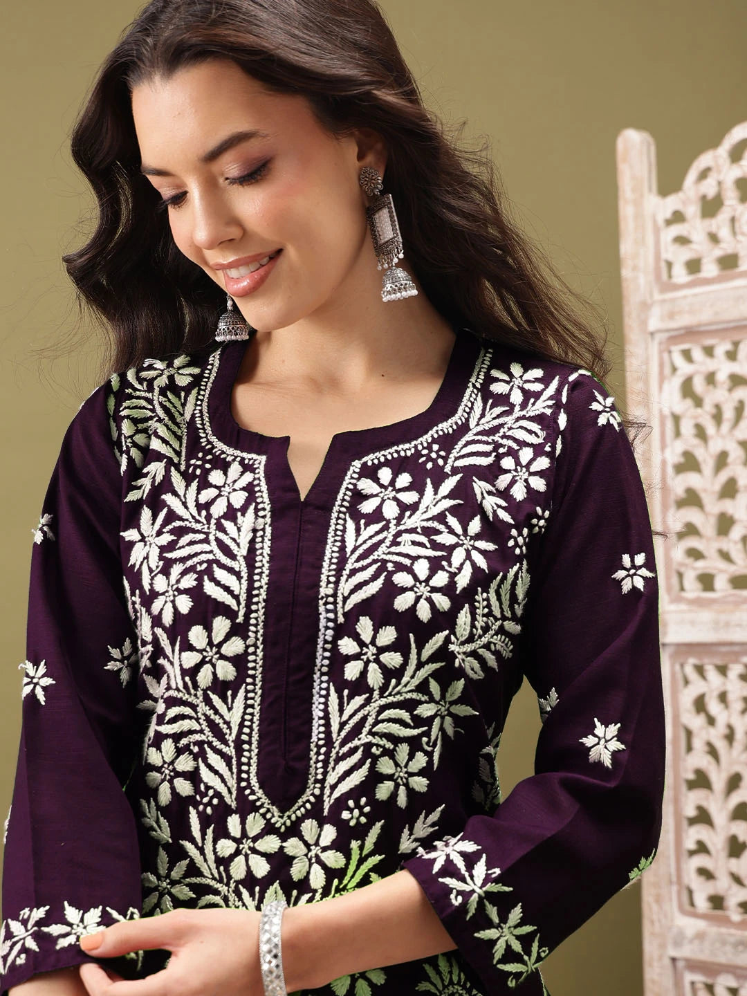 Ada Hand Embroidered Wine Cotton Lucknowi Chikankari Co-Ord Set A811276