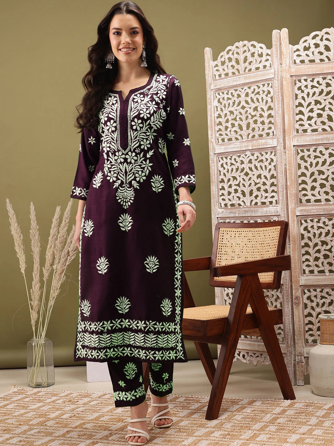 Ada Hand Embroidered Wine Cotton Lucknowi Chikankari Co-Ord Set A811276
