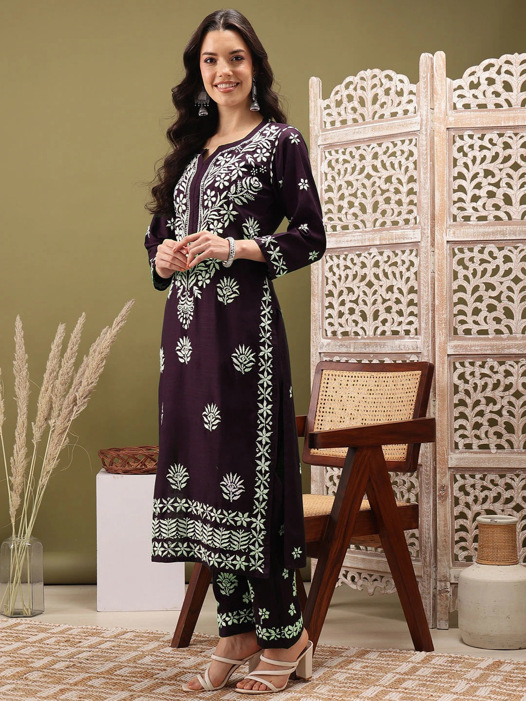 Ada Hand Embroidered Wine Cotton Lucknowi Chikankari Co-Ord Set A811276