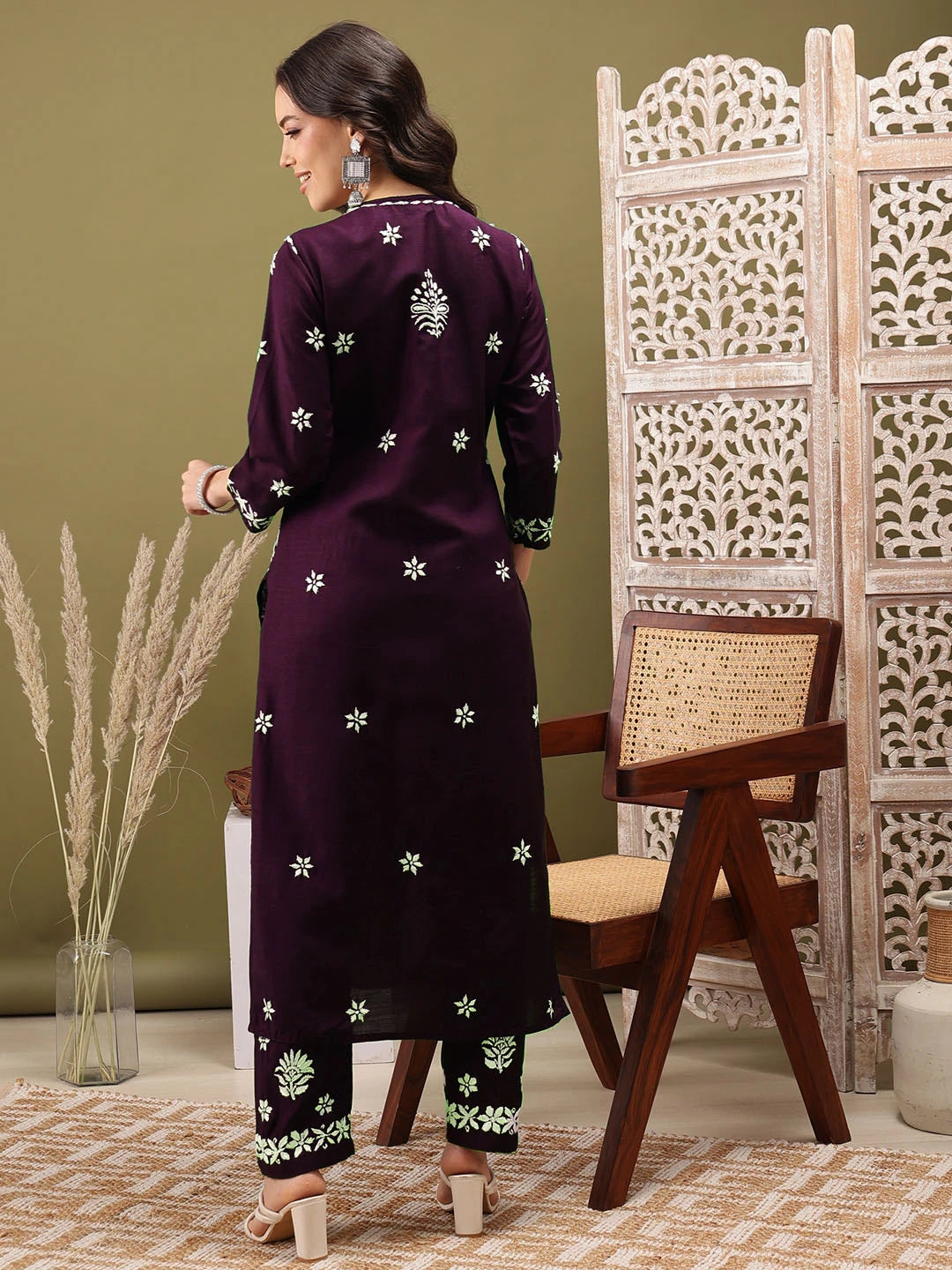 Ada Hand Embroidered Wine Cotton Lucknowi Chikankari Co-Ord Set A811276