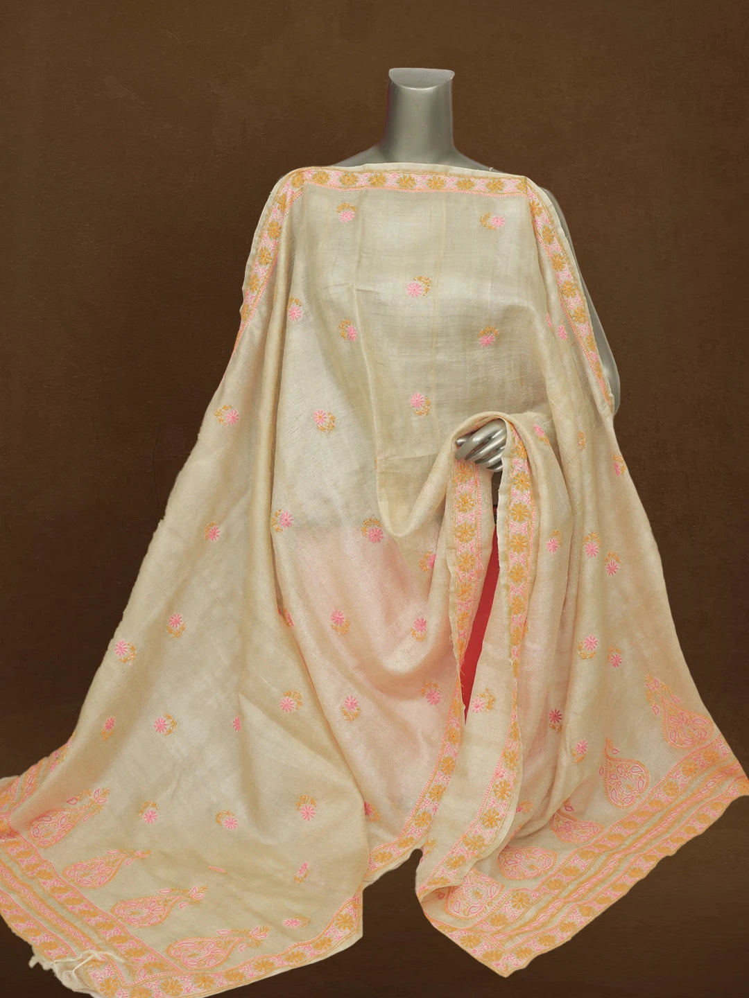 Ada Hand Embroidered Beige Pure Silk Lucknowi Chikankari Dupatta 01A116542