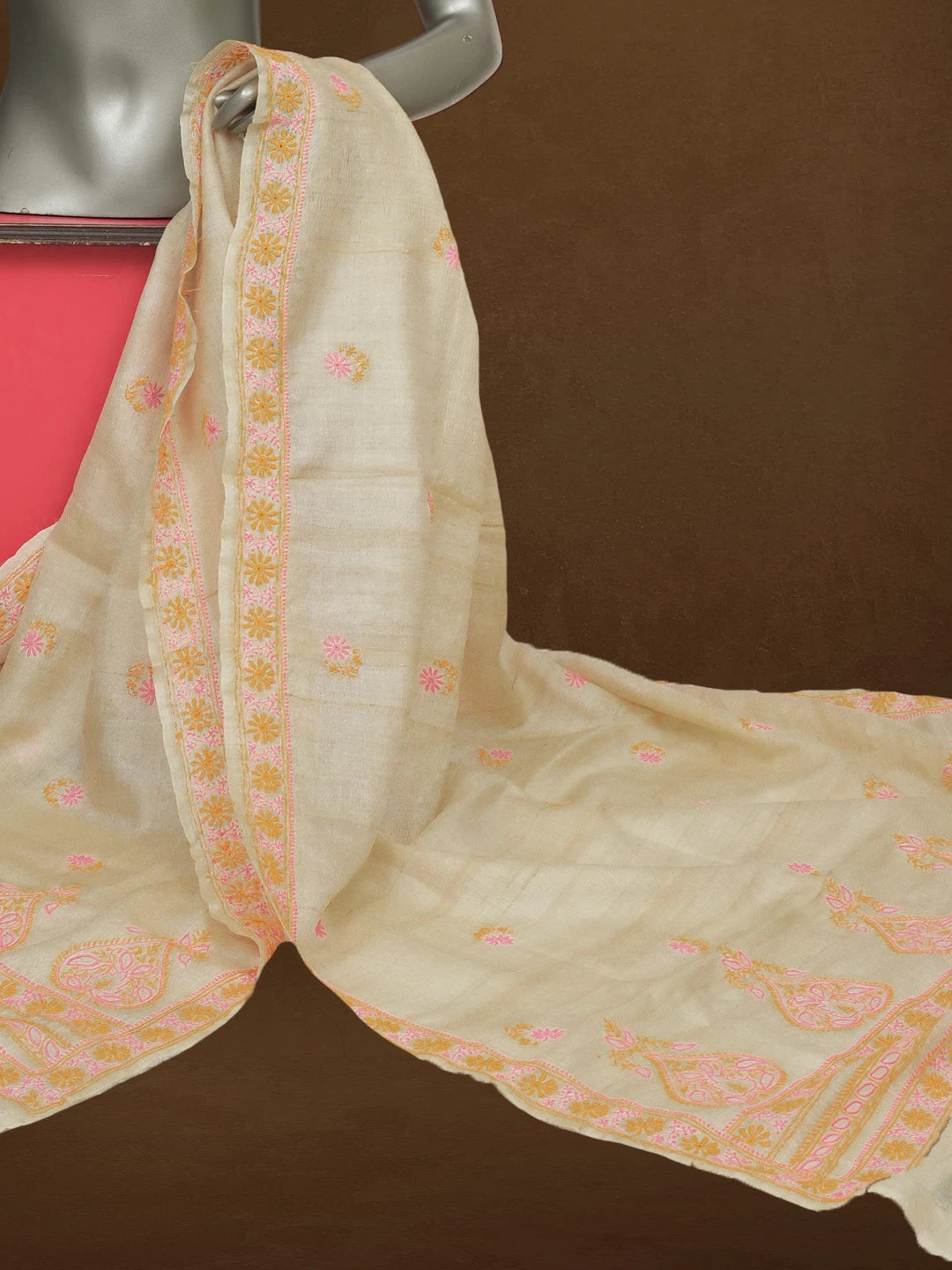 Ada Hand Embroidered Beige Pure Silk Lucknowi Chikankari Dupatta 01A116542
