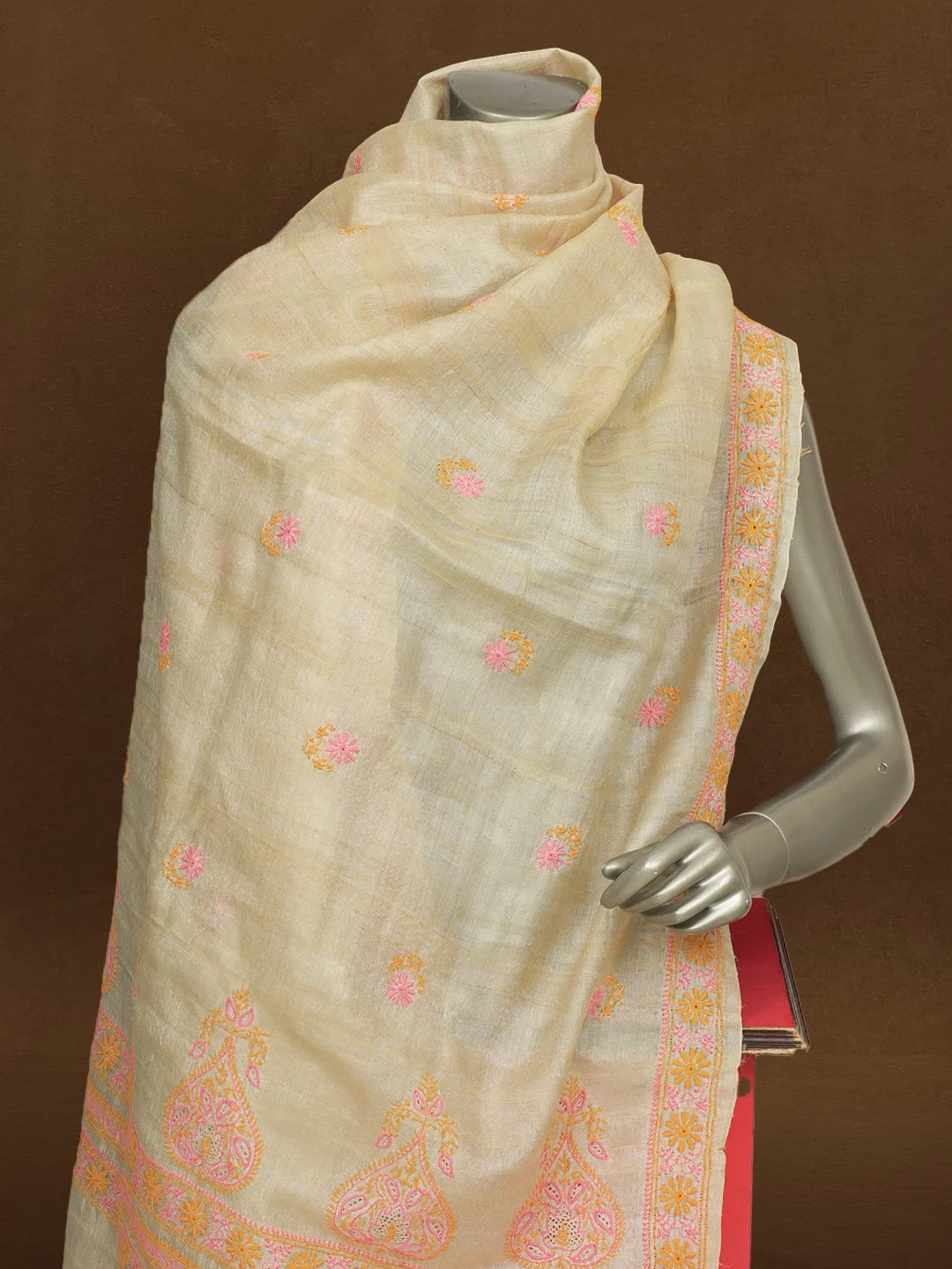 Ada Hand Embroidered Beige Pure Silk Lucknowi Chikankari Dupatta 01A116542