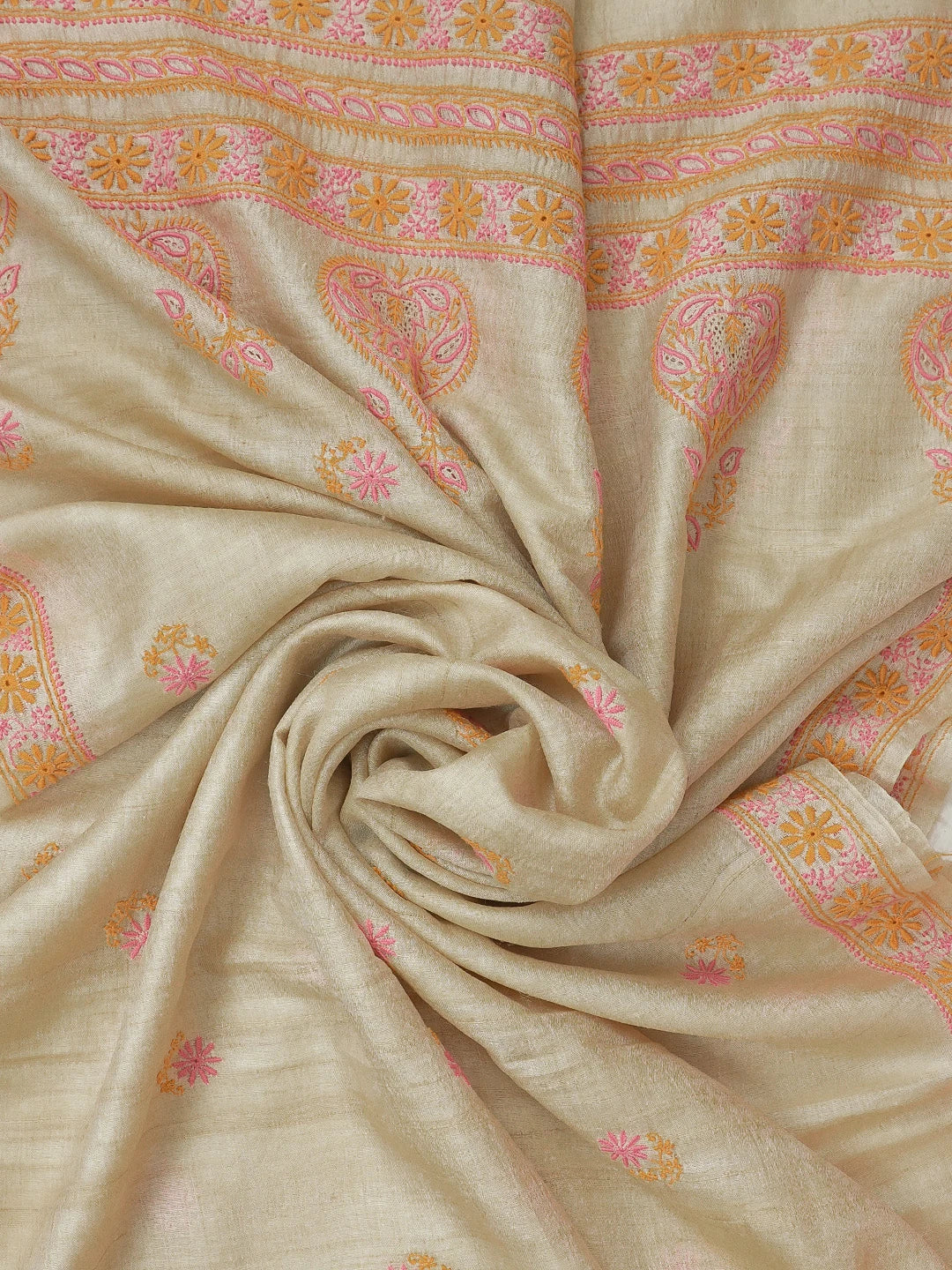 Ada Hand Embroidered Beige Pure Silk Lucknowi Chikankari Dupatta 01A116542