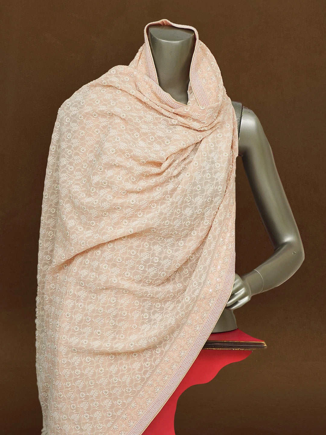 Ada Hand Embroidered Peach Pure Georgette Lucknowi Chikankari Dupatta With Pearl Work 01A30635