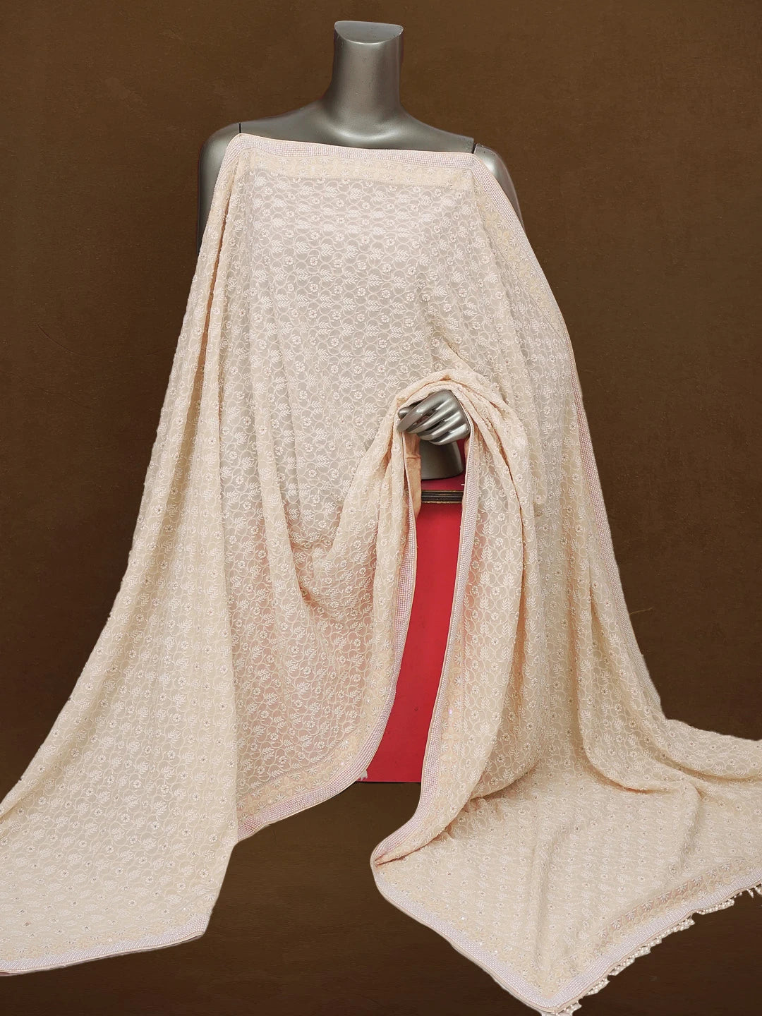 Ada Hand Embroidered Peach Pure Georgette Lucknowi Chikankari Dupatta With Pearl Work 01A30635