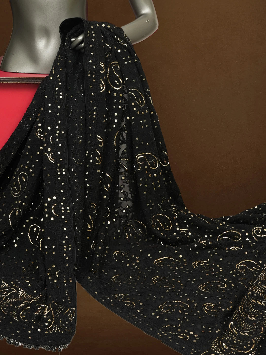Ada Hand Embroidered Black Pure Georgette Lucknowi Chikankari Dupatta with Muqaish Work 01A388554