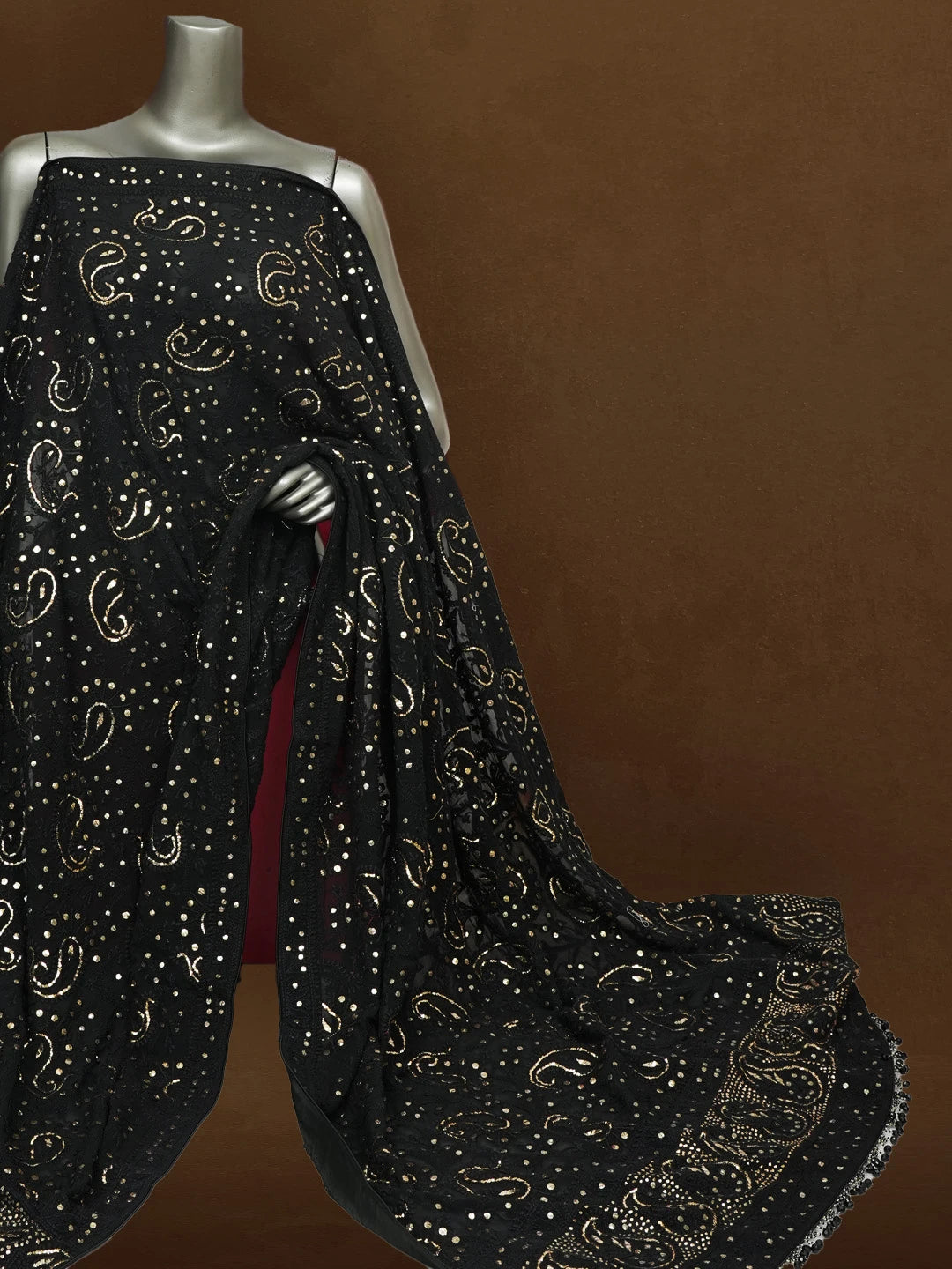 Ada Hand Embroidered Black Pure Georgette Lucknowi Chikankari Dupatta with Muqaish Work 01A388554