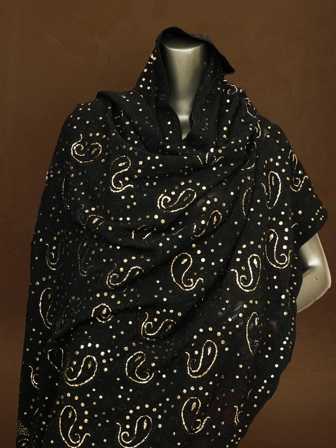 Ada Hand Embroidered Black Pure Georgette Lucknowi Chikankari Dupatta with Muqaish Work 01A388554