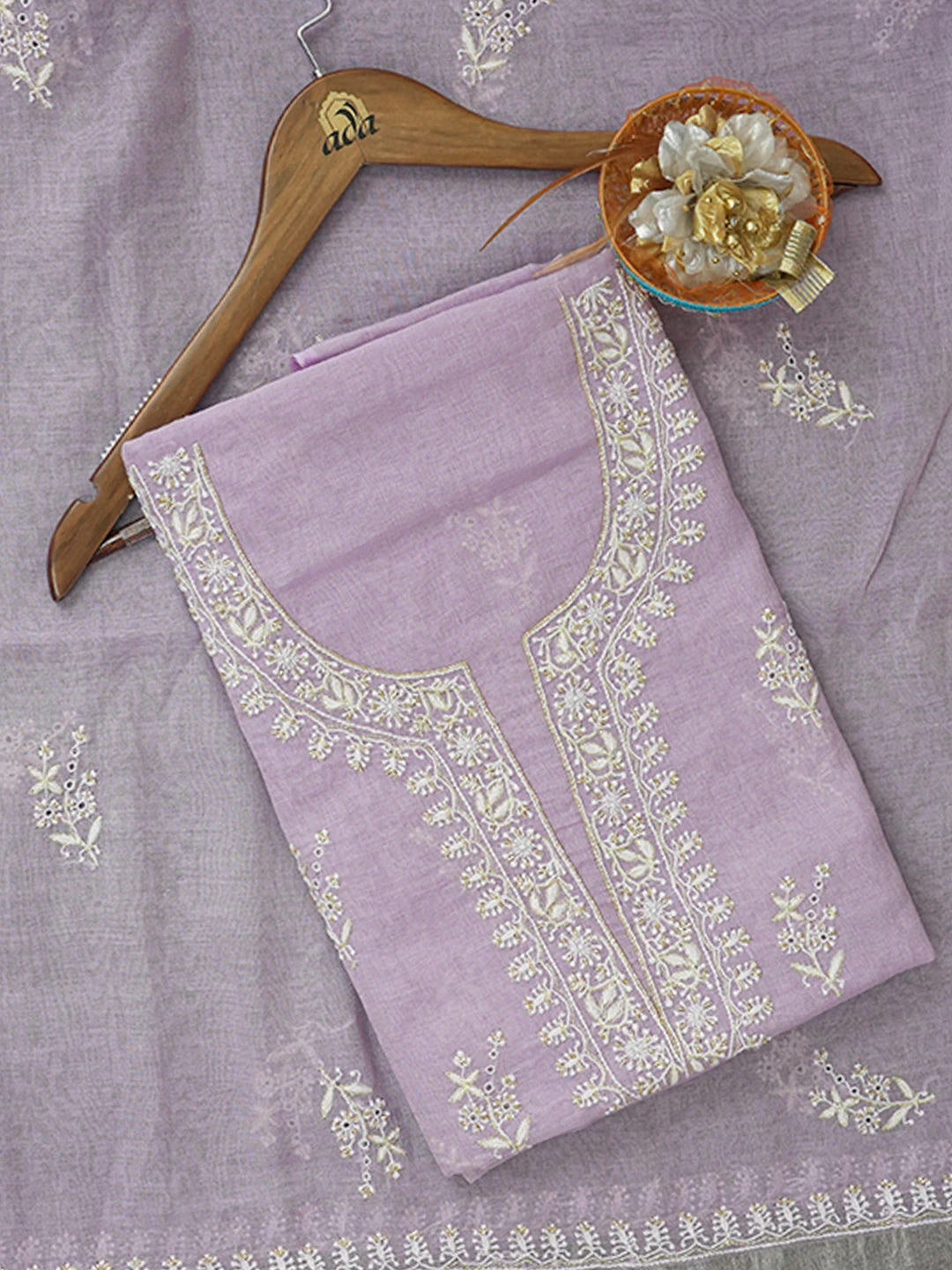 Ada Hand Embroidered Mauve Tissue Lucknowi Chikankari Unstitched Kurta Dupatta Set With Zari Work 01A609622